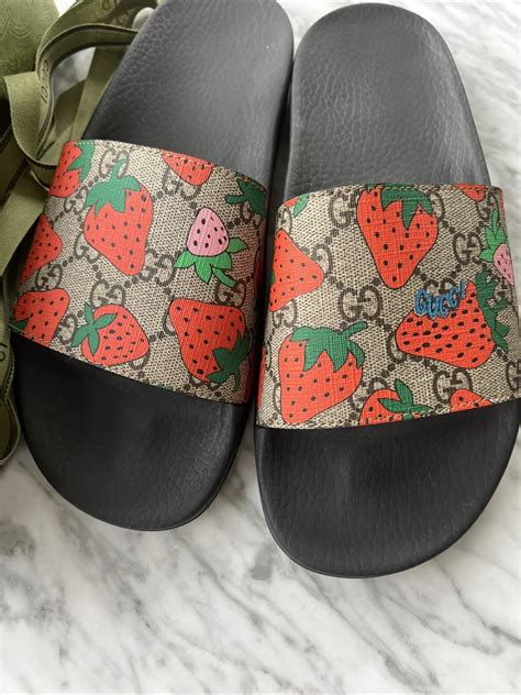 gucci blooms supreme slides|gucci slides with strawberry.